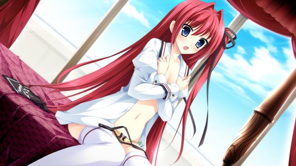 Anime picture 2560x1440 with otome ga tsumugu koi no canvas ootori rena kimishima ao single long hair blush highres open mouth blue eyes light erotic wide image sitting game cg red hair open clothes open shirt one side up girl thighhighs navel
