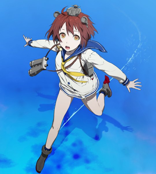 Anime picture 900x1000 with kantai collection yukikaze destroyer egawa satsuki single tall image looking at viewer short hair open mouth brown hair yellow eyes full body ahoge from above shadow spread arms running girl sailor suit binoculars skates