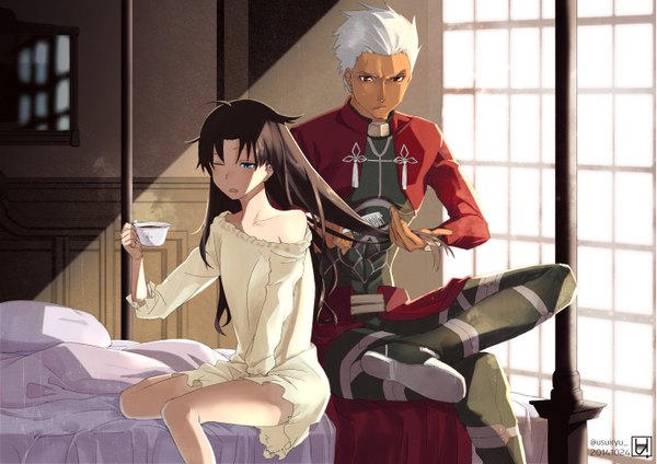 Anime picture 1417x1003 with fate (series) fate/stay night type-moon toosaka rin archer (fate) hato (ryusui) long hair short hair open mouth blue eyes brown hair sitting white hair dark skin logo girl boy window bed cup