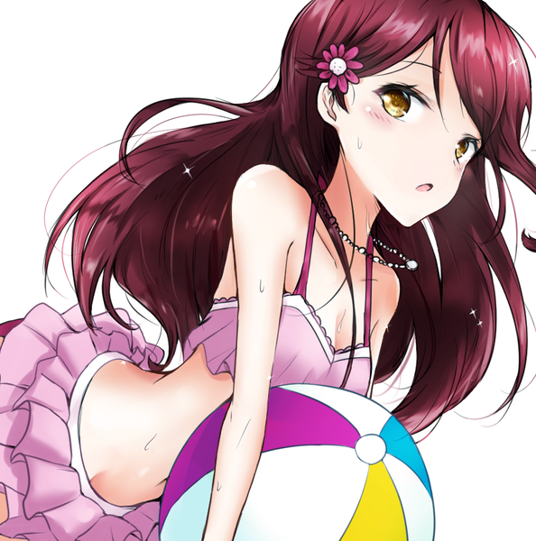 Anime picture 904x914 with love live! sunshine!! sunrise (studio) love live! sakurauchi riko ciawasemono single long hair tall image looking at viewer blush fringe breasts open mouth light erotic hair between eyes bare shoulders holding yellow eyes cleavage red hair