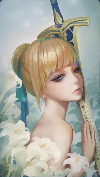 Anime picture 800x1414 with fate (series) fate/stay night type-moon artoria pendragon (all) saber yuli (pixiv85003) single long hair tall image looking at viewer fringe blue eyes blonde hair bare shoulders hair bun (hair buns) close-up girl flower (flowers) ribbon (ribbons) weapon