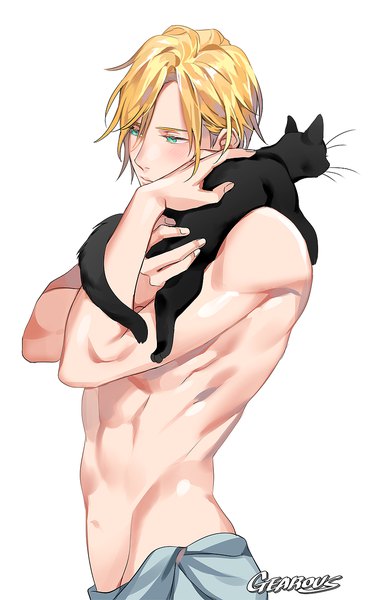 Anime picture 900x1391 with banana fish mappa ash lynx gearous single tall image blush fringe short hair light erotic simple background blonde hair hair between eyes white background holding signed looking away upper body aqua eyes topless