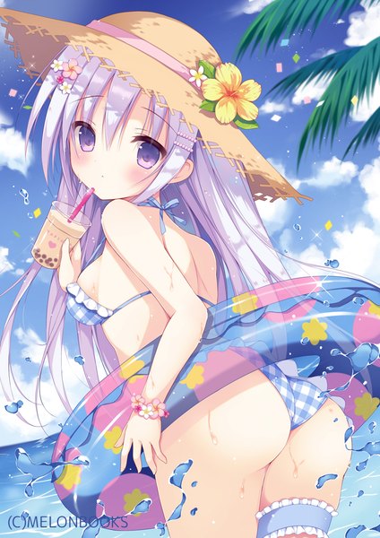 Anime picture 794x1123 with original melonbooks izuminanase single long hair tall image looking at viewer blush fringe breasts light erotic hair between eyes standing purple eyes holding payot sky silver hair purple hair cloud (clouds)
