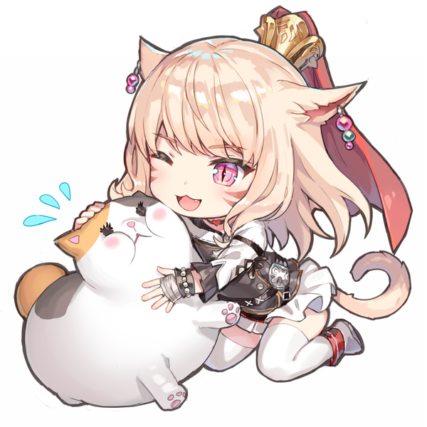 Anime picture 1000x1000 with final fantasy final fantasy xiv square enix miqo'te momoko (momopoco) single long hair blush open mouth simple background blonde hair white background animal ears payot full body tail :d animal tail pleated skirt one eye closed