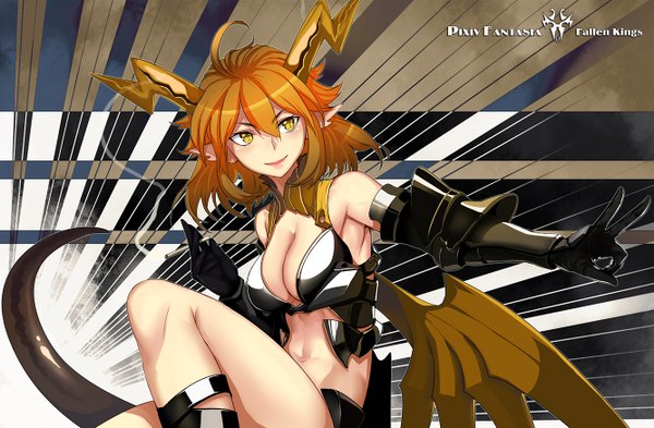 Anime picture 1333x874 with original pixiv fantasia pixiv fantasia fallen kings realmbw single fringe short hair breasts light erotic smile sitting yellow eyes looking away cleavage tail horn (horns) pointy ears orange hair midriff smoke