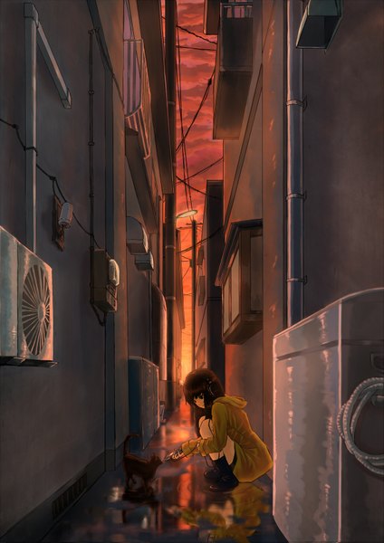Anime picture 1157x1636 with original nyu (1905823) long hair tall image black hair black eyes squat alley girl headphones cat