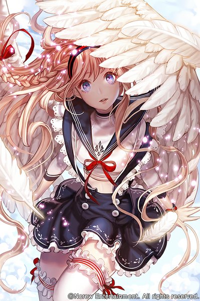 Anime picture 533x800 with original days (artist) single long hair tall image looking at viewer fringe blue eyes brown hair cloud (clouds) bent knee (knees) braid (braids) parted lips from above single braid angel wings white wings girl thighhighs skirt