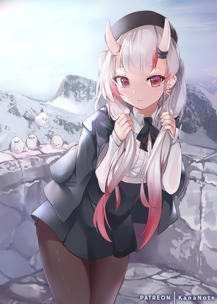 Anime picture 715x1000 with virtual youtuber hololive nakiri ayame mujinbi single long hair tall image fringe red eyes twintails silver hair outdoors multicolored hair horn (horns) streaked hair official alternate costume gradient hair snow mountain clothes on shoulders