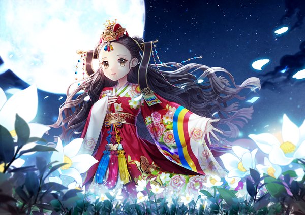 Anime picture 1200x848 with original saban single long hair looking at viewer black hair brown eyes sky traditional clothes night wide sleeves floral print meadow girl flower (flowers) headdress insect butterfly moon full moon