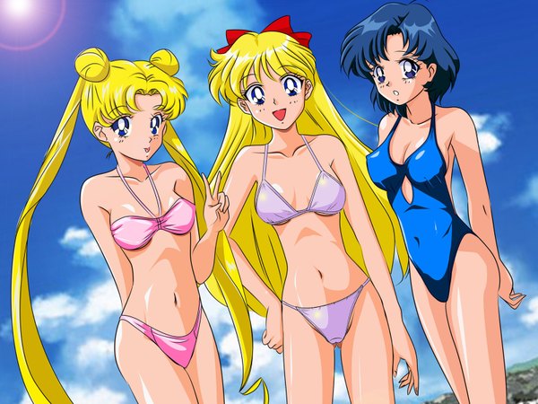 Anime picture 1600x1200 with bishoujo senshi sailor moon toei animation tsukino usagi aino minako mizuno ami gentoku long hair short hair blue eyes blonde hair twintails multiple girls blue hair hair bun (hair buns) victory girl navel swimsuit bikini 3 girls