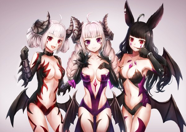 イラスト 1200x850 と dungeon and fighter nyarly the forbidden lunacle 長髪 カメラ目線 赤面 前髪 短い髪 おっぱい 開いた口 light erotic 黒髪 simple background 笑顔 赤い目 立つ ツインテール 紫目 multiple girls 獣耳