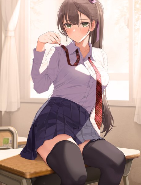 Anime picture 962x1262 with original giba (out-low) single long hair tall image looking at viewer blush fringe breasts hair between eyes brown hair sitting holding green eyes ponytail indoors long sleeves pleated skirt arm up sunlight