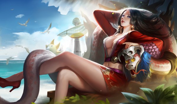 Anime picture 1920x1131 with one piece toei animation boa hancock salome (one piece) thousand sunny g-arts single long hair looking at viewer highres breasts blue eyes light erotic black hair wide image large breasts sitting sky cleavage cloud (clouds)