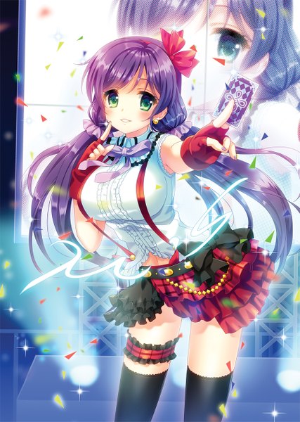 Anime picture 900x1265 with love live! school idol project sunrise (studio) love live! toujou nozomi narinn long hair tall image breasts large breasts green eyes purple hair girl thighhighs dress gloves black thighhighs frills fingerless gloves card (cards) confetti