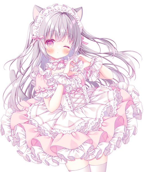 Anime picture 1465x1749 with original puu (kari---ume) single long hair tall image looking at viewer blush simple background white background animal ears silver hair tail animal tail one eye closed pink eyes wink cat ears cat girl cat tail two side up