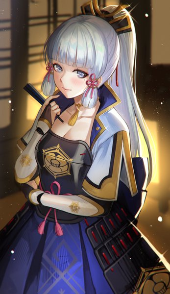 Anime picture 1200x2074 with genshin impact kamisato ayaka deras single long hair tall image looking at viewer blush fringe breasts standing holding payot cleavage silver hair ponytail indoors blunt bangs traditional clothes japanese clothes