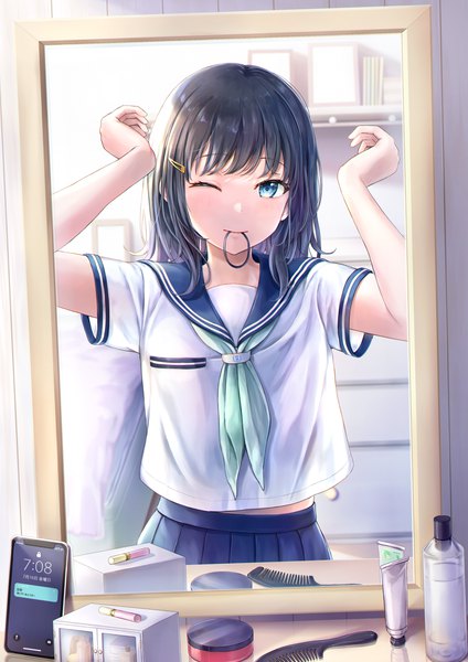 Anime picture 2480x3508 with original tokeshi single tall image looking at viewer blush fringe highres blue eyes black hair smile standing holding payot indoors pleated skirt one eye closed arms up short sleeves mouth hold