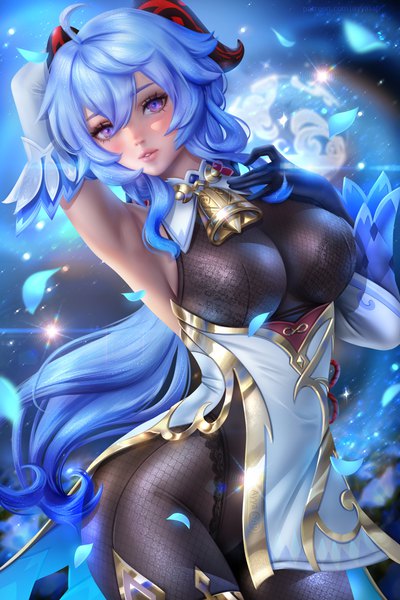 Anime picture 4800x7200 with genshin impact ganyu (genshin impact) ayyasap single long hair tall image looking at viewer blush fringe highres breasts light erotic hair between eyes large breasts standing purple eyes signed blue hair absurdres ahoge
