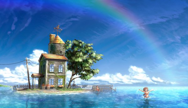 Anime picture 1500x864 with original kakisuke long hair brown hair wide image cloud (clouds) spread arms landscape scenic girl plant (plants) tree (trees) water building (buildings) splashes house rainbow island weather vane