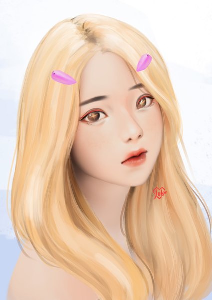 Anime picture 2480x3508 with original caramel (jubi) jubi (regiana) single long hair tall image looking at viewer highres blonde hair white background brown eyes signed realistic lipstick symbol-shaped pupils portrait + + girl hairclip