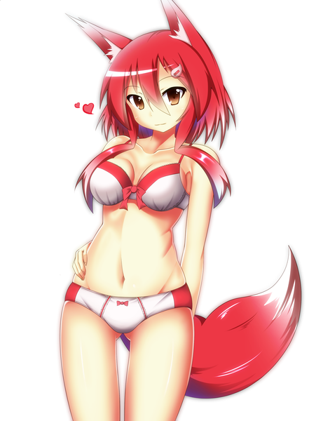 Anime picture 1300x1690 with original shachoo. busoushinkimms single long hair tall image blush fringe breasts light erotic simple background smile hair between eyes white background brown eyes animal ears payot red hair tail animal tail