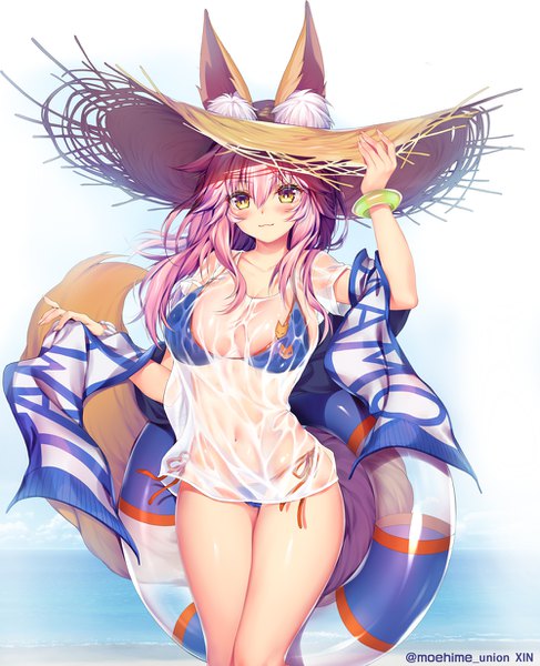 Anime picture 1000x1230 with fate (series) fate/extra tamamo (fate) (all) tamamo no mae (swimsuit lancer) (fate) obiwan long hair tall image blush fringe breasts light erotic hair between eyes large breasts signed animal ears yellow eyes looking away pink hair tail animal tail
