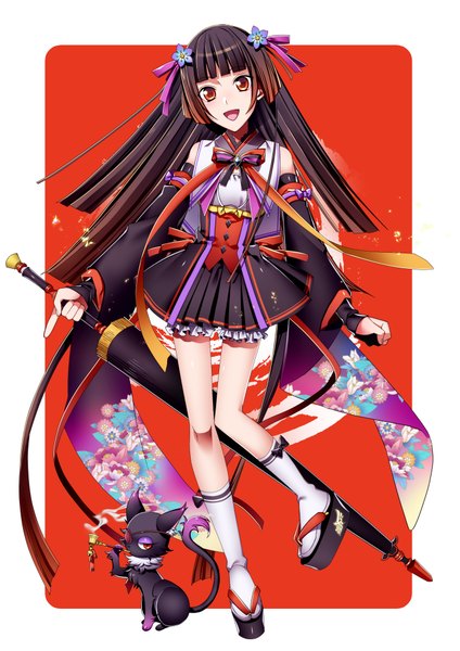 Anime picture 1414x2000 with original sena (mineruba) single long hair tall image open mouth black hair red eyes traditional clothes smoking girl hair ornament detached sleeves socks white socks cat spear