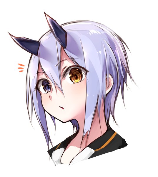 Anime picture 2507x2800 with phantasy star phantasy star online 2 sega io (pso2) suke single tall image looking at viewer highres short hair open mouth simple background white background purple eyes yellow eyes purple hair horn (horns) heterochromia close-up oni horns
