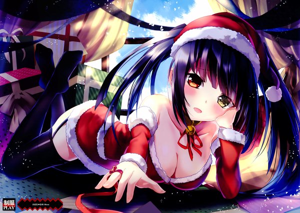 Anime picture 7042x5000 with date a live tokisaki kurumi bison cangshu single long hair looking at viewer blush highres light erotic black hair red eyes twintails bare shoulders brown eyes yellow eyes absurdres cleavage bent knee (knees) lying scan