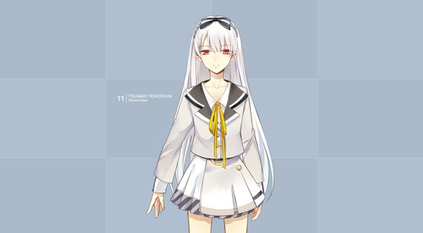 Anime picture 1282x706 with tsukiuta tendouin tsubaki tagme (artist) single long hair looking at viewer fringe simple background red eyes wide image white hair grey background official art character names girl uniform bow hair bow school uniform