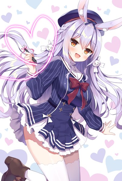 Anime picture 700x1036 with virtual youtuber noripro himesaki yuzuru mauve single long hair tall image looking at viewer blush fringe open mouth hair between eyes animal ears yellow eyes silver hair :d bunny ears girl thighhighs dress