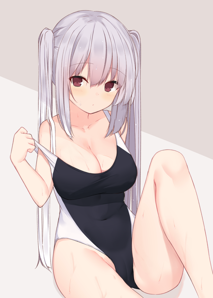 Anime picture 1036x1450 with original mm2k single long hair tall image looking at viewer blush fringe breasts light erotic simple background hair between eyes red eyes sitting twintails payot cleavage bent knee (knees) grey hair shadow