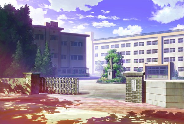 Anime picture 1000x676 with original saitama_bg sky cloud (clouds) shadow no people plant (plants) tree (trees) window fence statue school