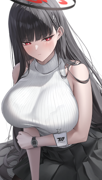 Anime picture 2328x4093 with blue archive rio (blue archive) yabacha single long hair tall image blush fringe highres breasts light erotic black hair simple background red eyes large breasts white background sitting bare shoulders looking away blunt bangs