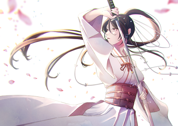 Anime picture 4093x2894 with jigokuraku mappa yamada asaemon sagiri erizoh single long hair fringe highres open mouth hair between eyes brown hair standing holding brown eyes absurdres ponytail traditional clothes japanese clothes arm up wide sleeves