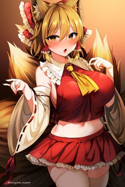 Anime picture 4000x6000 with touhou hakurei reimu yakumo ran marota single tall image looking at viewer blush fringe highres short hair breasts open mouth light erotic simple background blonde hair hair between eyes large breasts standing signed