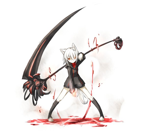Anime picture 1700x1578 with original sakuto kazanami single looking at viewer fringe short hair simple background standing white background animal ears tail barefoot albino girl weapon huge weapon scythe