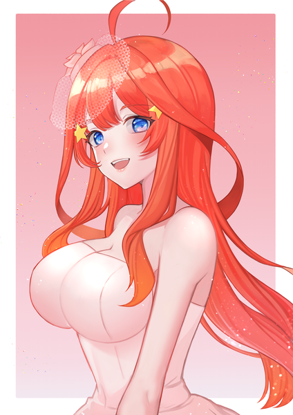Anime picture 2894x4093 with go-toubun no hanayome nakano itsuki takanishi takashi single long hair tall image looking at viewer blush fringe highres breasts open mouth blue eyes light erotic simple background smile large breasts bare shoulders upper body ahoge