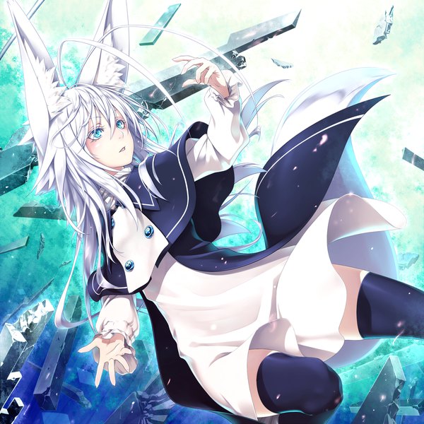 Anime picture 2000x2000 with original kentairui single long hair blush fringe highres hair between eyes animal ears ahoge bent knee (knees) white hair tail long sleeves parted lips animal tail aqua eyes zettai ryouiki fox ears fox tail