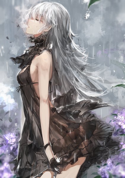 Anime picture 2079x2953 with original saberiii single long hair tall image highres light erotic silver hair eyes closed smoke rain transparent girl dress gloves flower (flowers) choker water black dress water drop