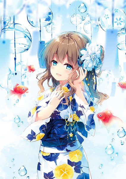 Anime picture 626x885 with original mochizuki shiina single long hair tall image looking at viewer blush open mouth blue eyes brown hair traditional clothes :d japanese clothes hair flower floral print adjusting hair girl flower (flowers) animal bubble (bubbles)