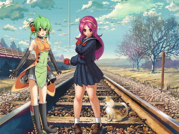 Anime picture 1280x960 with the king of fighters snk fl studio asamiya athena fl-chan long hair looking at viewer short hair red eyes standing multiple girls green eyes pink hair sky cloud (clouds) ahoge outdoors pleated skirt pink eyes bare tree