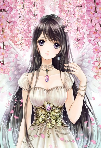 Anime picture 2890x4208 with shiitake (gensoudou) single long hair tall image looking at viewer fringe highres breasts black hair smile purple eyes head tilt lips short sleeves white wings girl dress flower (flowers) petals wings