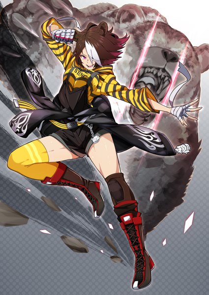 Anime picture 5016x7082 with arknights beehunter (arknights) cno single tall image looking at viewer fringe highres short hair brown hair purple eyes animal ears absurdres full body multicolored hair hair over one eye two-tone hair streaked hair glowing striped