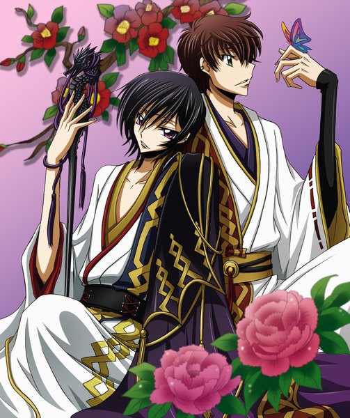 Anime picture 3428x4086 with code geass sunrise (studio) lelouch lamperouge kururugi suzaku tsunoda wei tall image looking at viewer highres short hair open mouth black hair brown hair sitting purple eyes green eyes looking away absurdres traditional clothes japanese clothes butterfly on hand