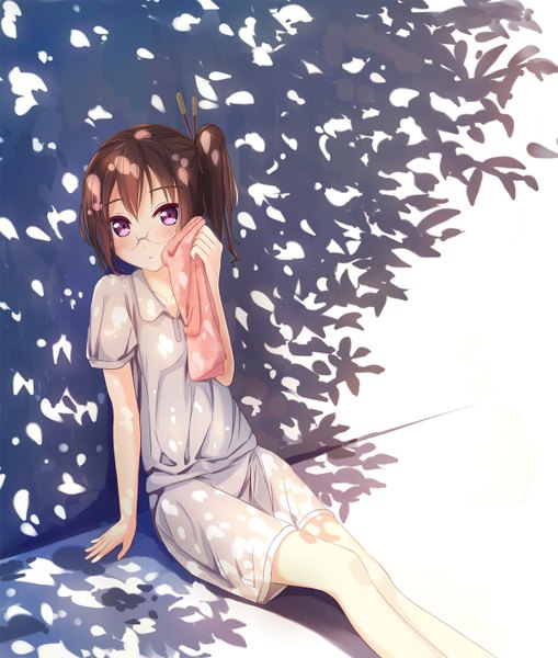 Anime picture 1200x1414 with tamako market kyoto animation asagiri shiori hjl (hjl5000) tall image looking at viewer blush short hair brown hair purple eyes shadow girl glasses shorts towel white shorts