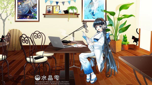 Anime picture 7680x4320 with original kirino kasumu single highres open mouth blue eyes black hair wide image sitting absurdres very long hair traditional clothes japanese clothes girl animal kimono headphones cat microphone stand laptop