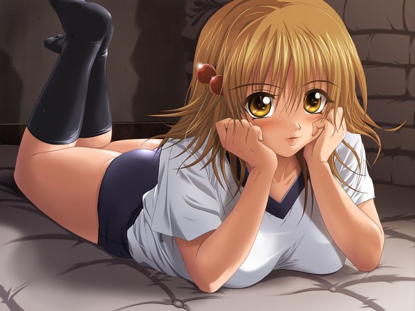 Anime picture 1600x1200 with shinozuka jyouji light erotic blonde hair uniform socks knee socks gym uniform buruma