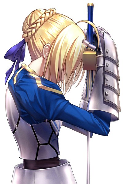 Anime picture 602x900 with fate (series) fate/stay night type-moon artoria pendragon (all) saber fame peera single tall image fringe blonde hair white background ahoge eyes closed head tilt profile puffy sleeves girl dress ribbon (ribbons) weapon