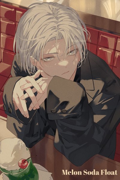 Anime picture 1000x1500 with original ugonba (howatoro) single tall image looking at viewer short hair sitting signed silver hair long sleeves from above twitter username sleeves past wrists silver eyes interlocked fingers boy buttons drink melon soda